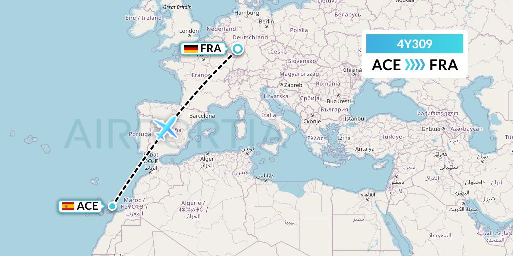 4Y309 Eurowings Discover Flight Map: Lanzarote to Frankfurt