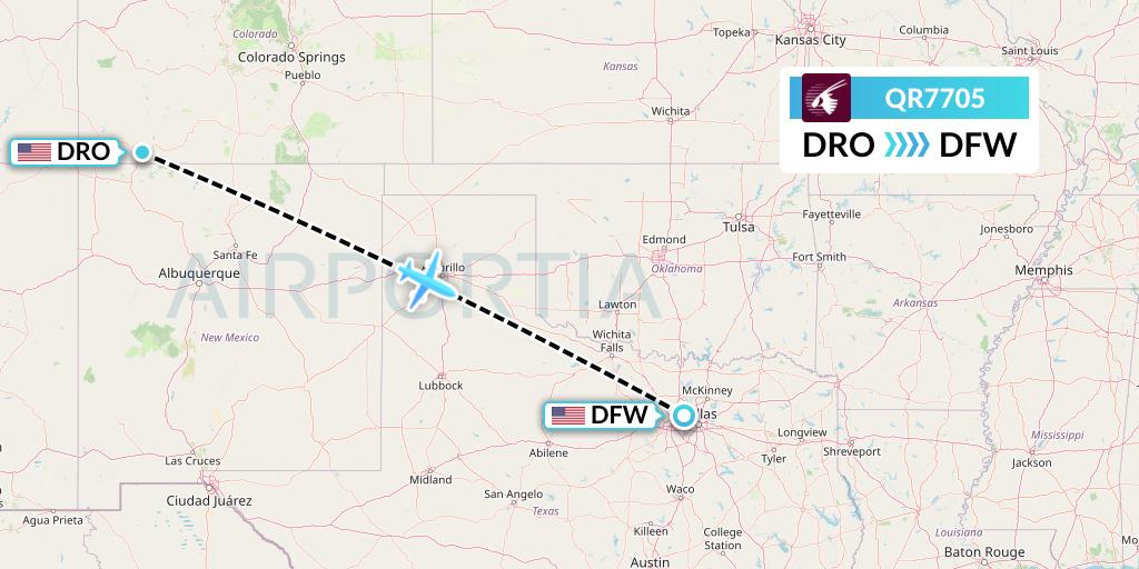 QR7705 Qatar Airways Flight Map: Durango to Dallas