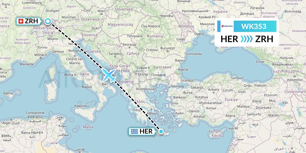 WK353 Edelweiss Air Flight Map: Heraklion to Zurich