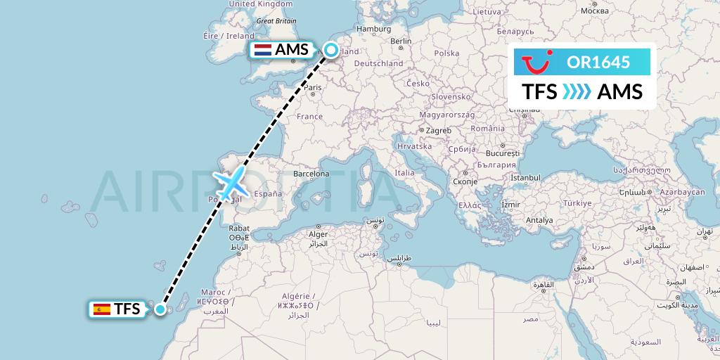 OR1645 TUI fly Netherlands Flight Map: Tenerife to Amsterdam