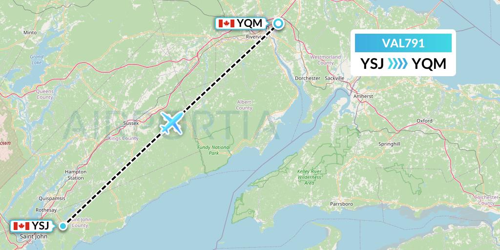 VAL791 Voyageur Airlines Flight Map: Saint John to Moncton