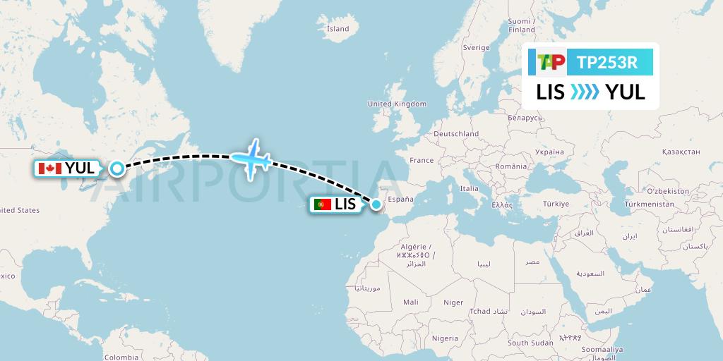 TP253R TAP Portugal Flight Map: Lisbon to Montreal