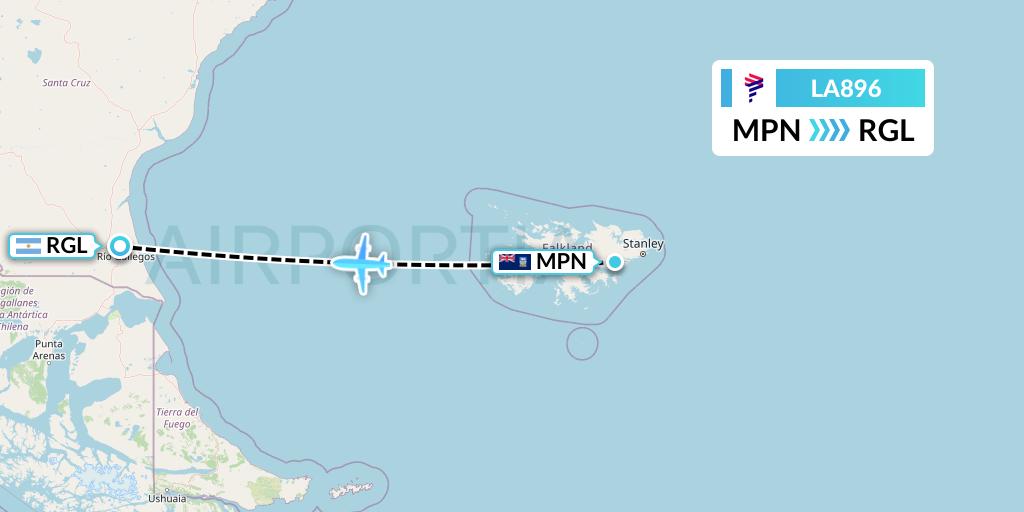 LA896 LAN Airlines Flight Map: Mount Pleasant to Rio Gallegos