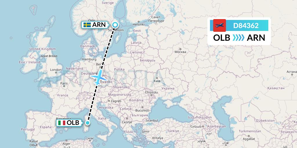 D84362 Norwegian Air International Flight Map: Olbia to Stockholm