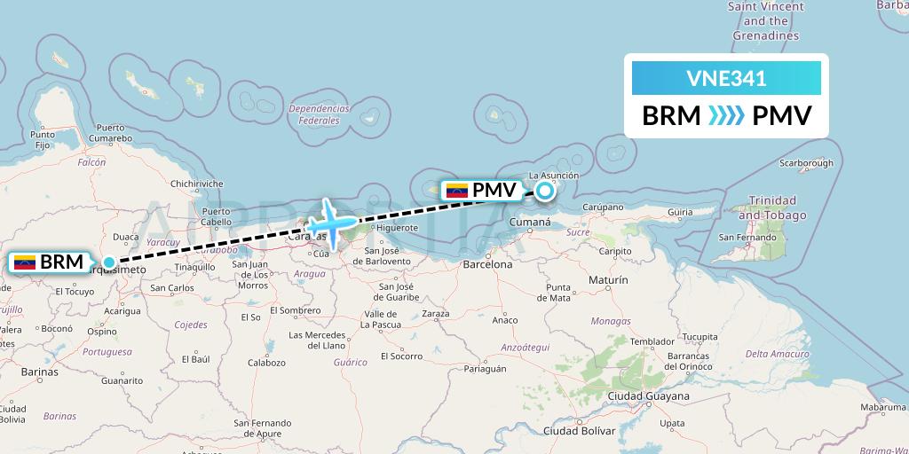 VNE341 Venezolana Flight Map: Barquisimeto to Porlamar