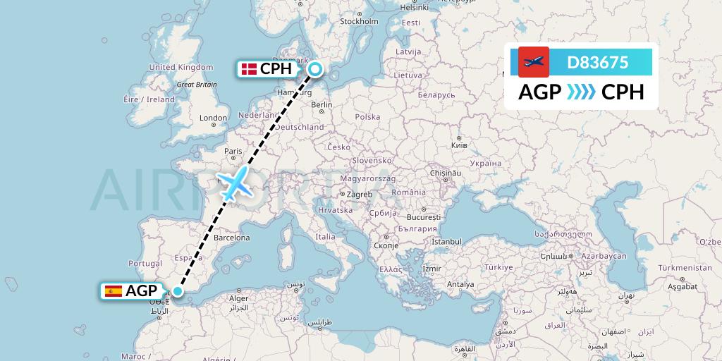 D83675 Norwegian Air International Flight Map: Malaga to Copenhagen