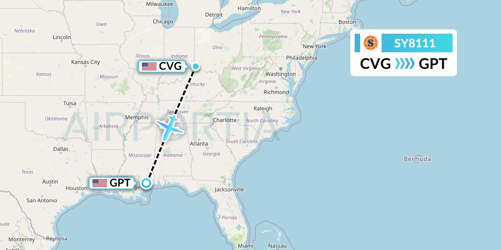 SY8111 Sun Country Airlines Flight Map: Cincinnati to Gulfport