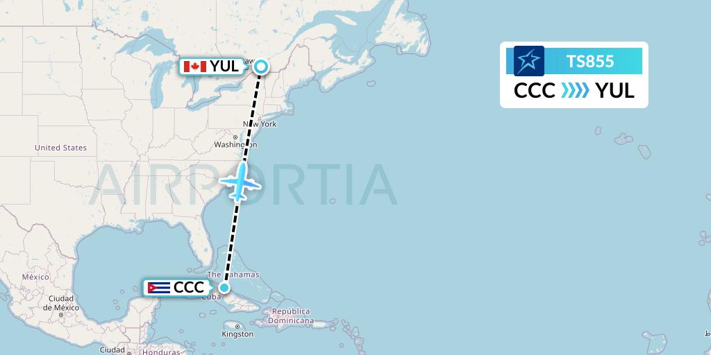 TS855 Air Transat Flight Map: Cayo Coco to Montreal