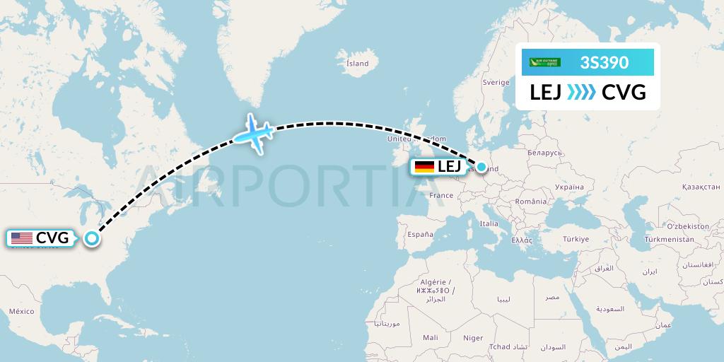3S390 Air Antilles Express Flight Map: Leipzig to Cincinnati