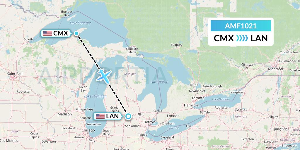 AMF1021 Ameriflight Flight Map: Hancock to Lansing