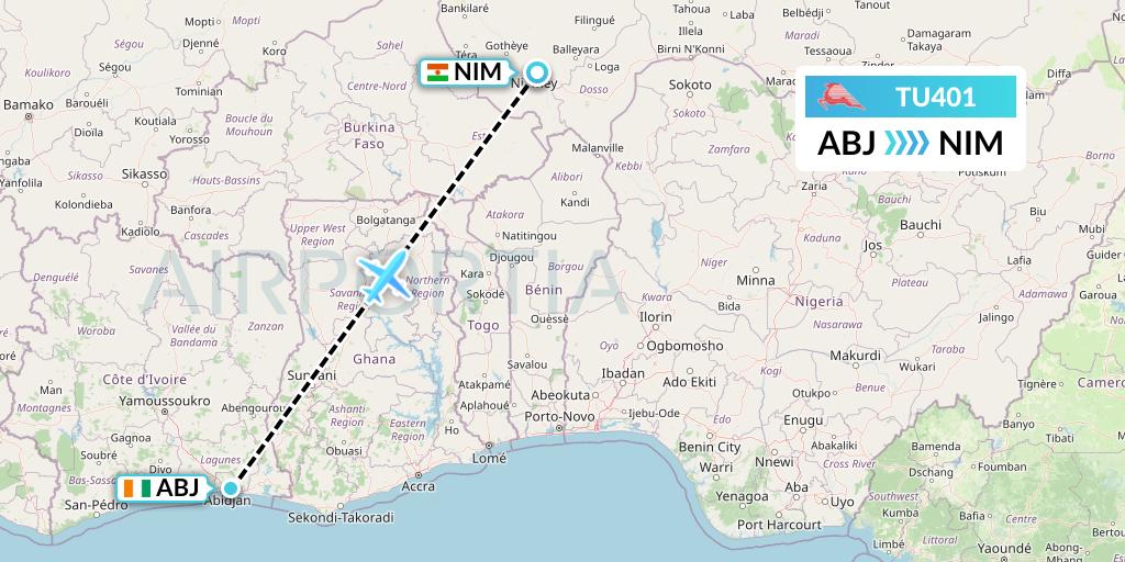 TU401 Tunisair Flight Map: Abidjan to Niamey