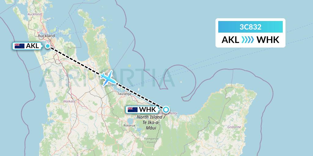 3C832 Air Chathams Flight Map: Auckland to Whakatane