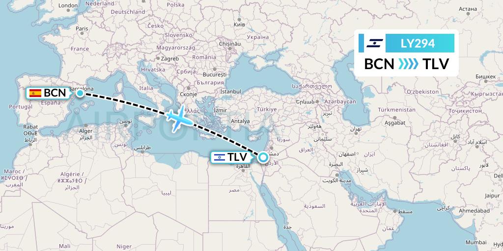 LY294 El Al Flight Map: Barcelona to Tel Aviv