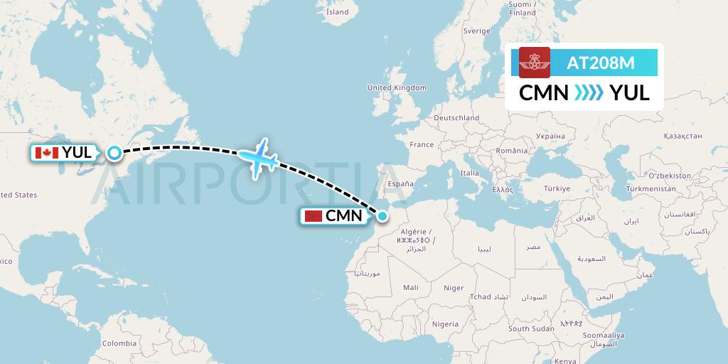 AT208M Royal Air Maroc Flight Map: Casablanca to Montreal