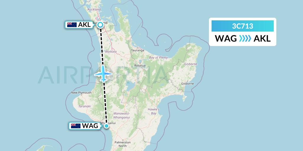 3C713 Air Chathams Flight Map: Wanganui to Auckland