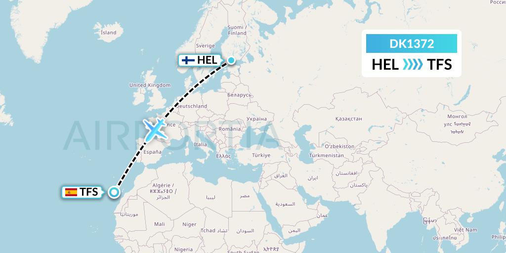 DK1372 Thomas Cook Airlines Scandinavia Flight Map: Helsinki to Tenerife