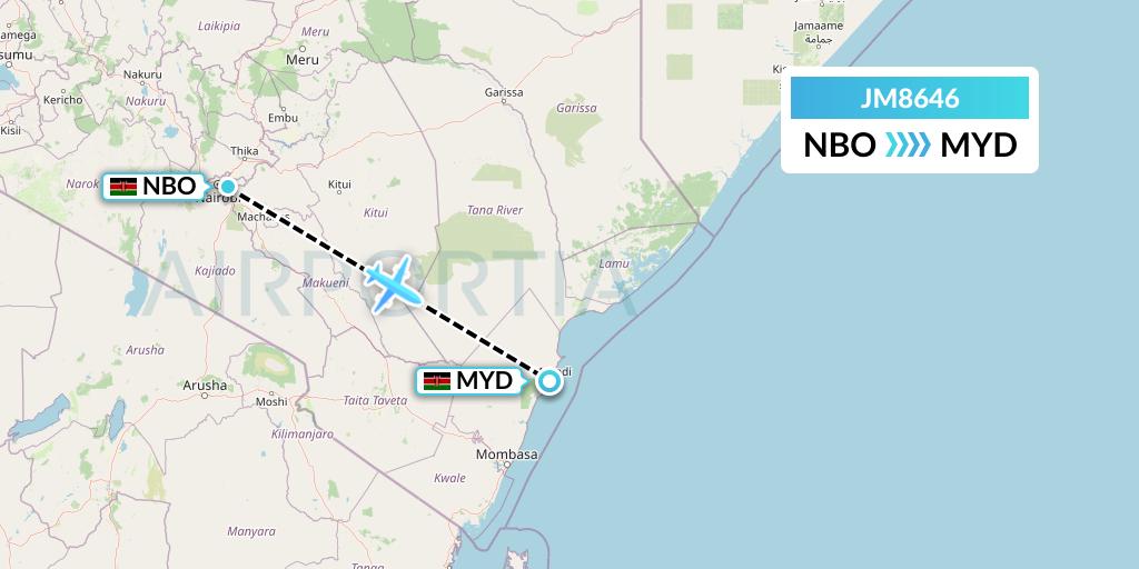 JM8646 Jambojet Limited Flight Map: Nairobi to Malindi