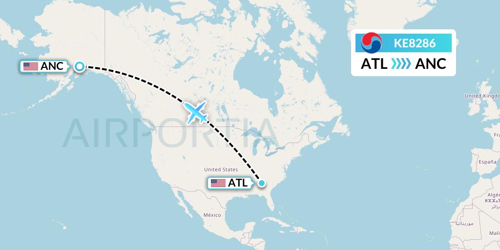 KE8286 Korean Air Flight Map: Atlanta to Anchorage