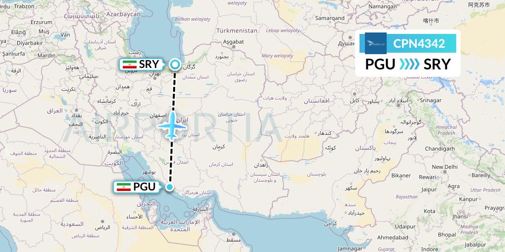 CPN4342 Caspian Airlines Flight Map: Assaluyeh to Sari