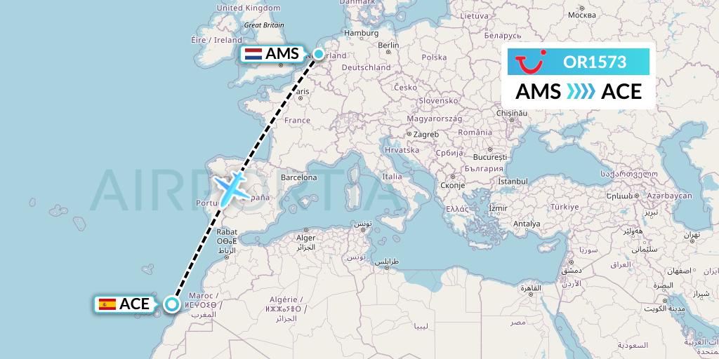 OR1573 TUI fly Netherlands Flight Map: Amsterdam to Lanzarote