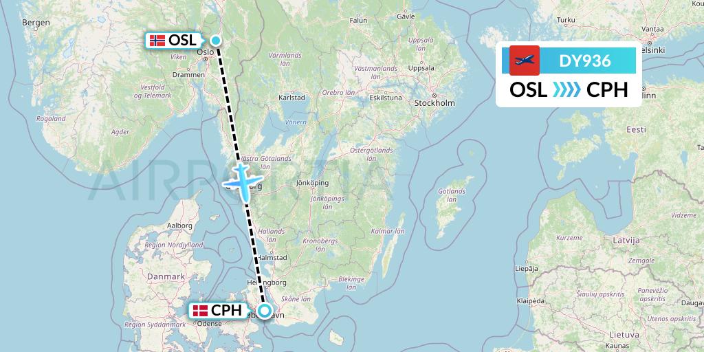 DY936 Norwegian Flight Map: Oslo to Copenhagen