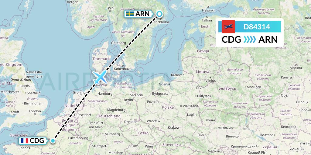 D84314 Norwegian Air International Flight Map: Paris to Stockholm