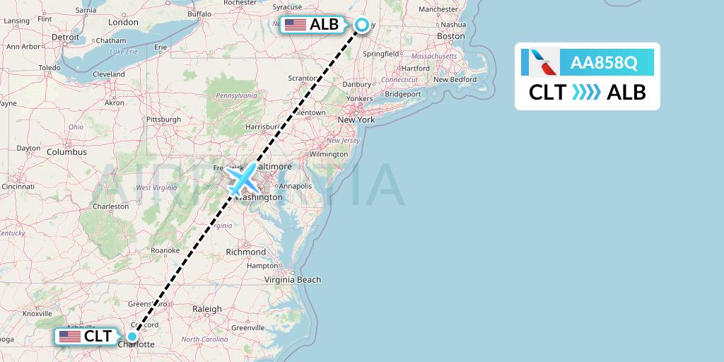 AA858Q American Airlines Flight Map: Charlotte to Albany