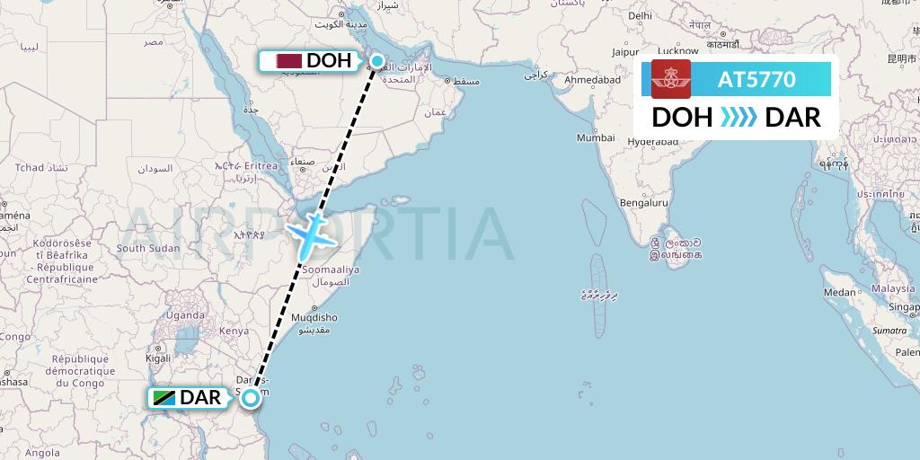 AT5770 Royal Air Maroc Flight Map: Doha to Dar-es-Salaam