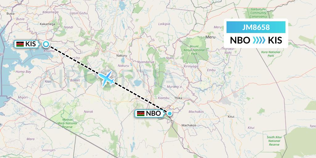 JM8658 Jambojet Limited Flight Map: Nairobi to Kisumu