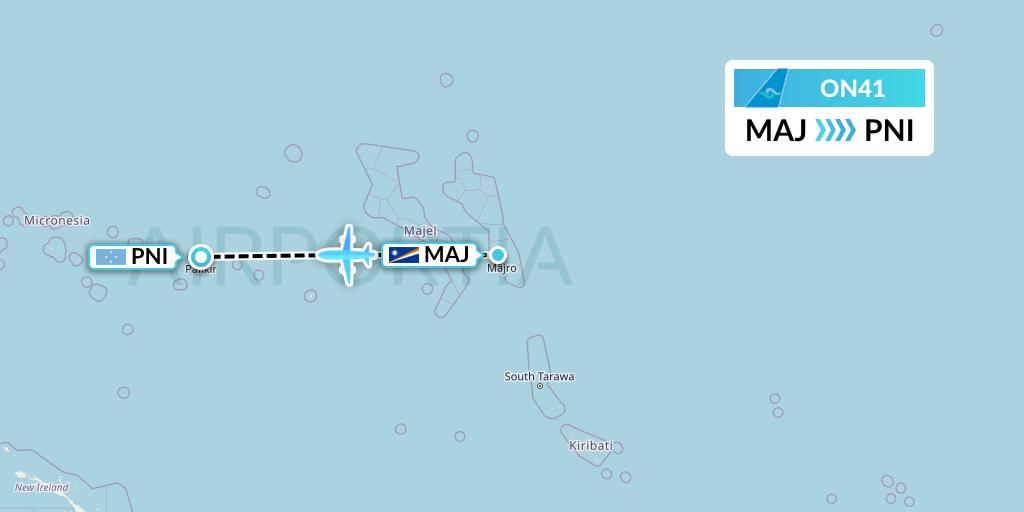 ON41 Nauru Airlines Flight Map: Majuro to Pohnpei