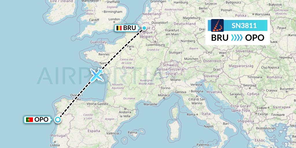 SN3811 Brussels Airlines Flight Map: Brussels to Porto