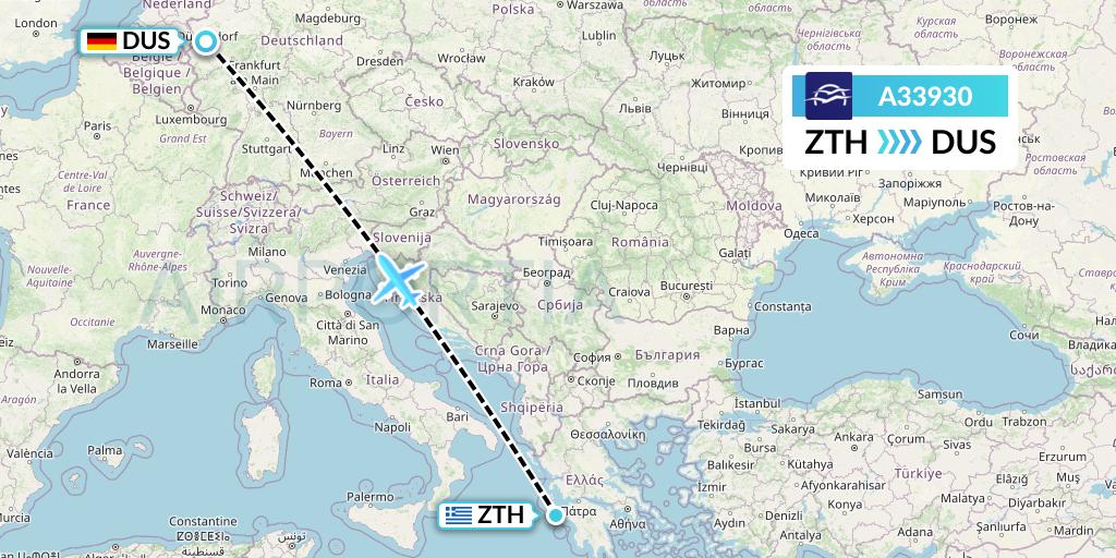 A33930 Aegean Airlines Flight Map: Zakynthos to Dusseldorf
