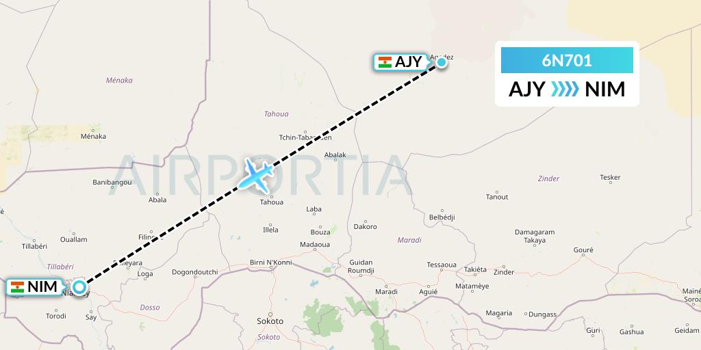 6N701 Niger Airlines Flight Map: Agadez to Niamey