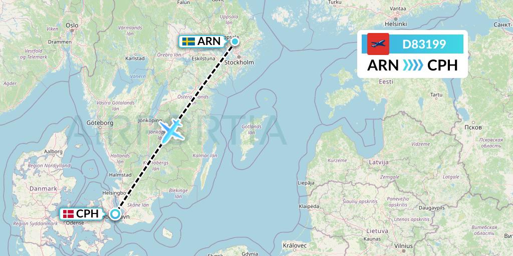 D83199 Norwegian Air International Flight Map: Stockholm to Copenhagen