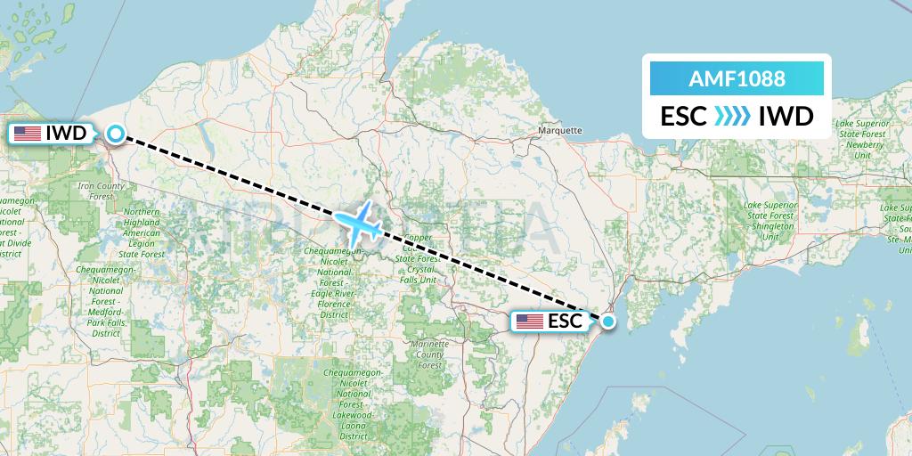 AMF1088 Ameriflight Flight Map: Escanaba to Ironwood