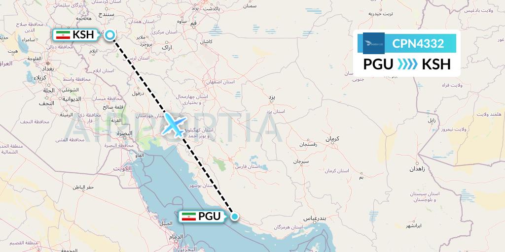 CPN4332 Caspian Airlines Flight Map: Assaluyeh to Kermanshah