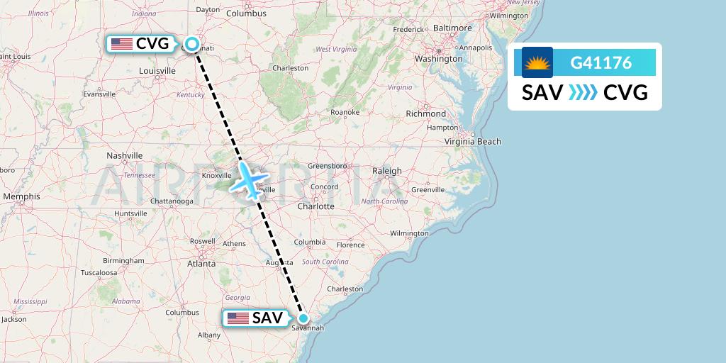 G41176 Allegiant Air Flight Map: Savannah to Cincinnati