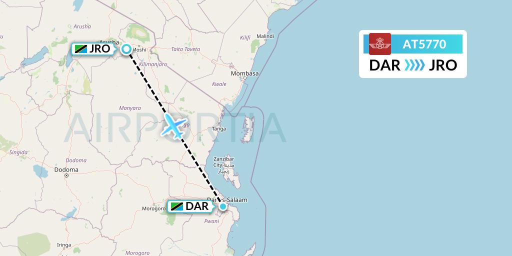 AT5770 Royal Air Maroc Flight Map: Dar-es-Salaam to Kilimanjaro