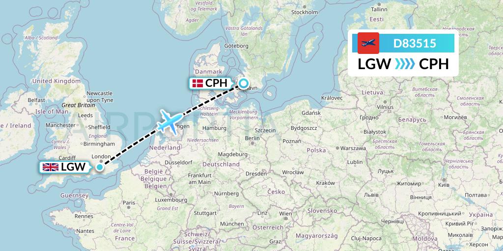 D83515 Norwegian Air International Flight Map: London to Copenhagen
