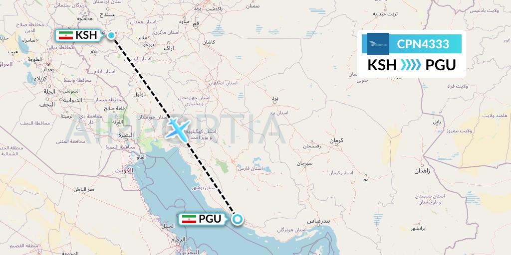 CPN4333 Caspian Airlines Flight Map: Kermanshah to Assaluyeh