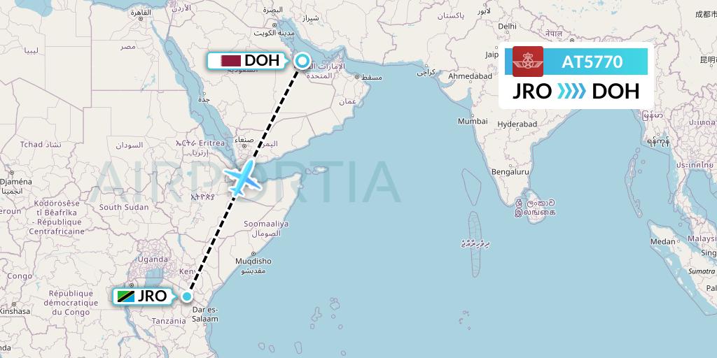 AT5770 Royal Air Maroc Flight Map: Kilimanjaro to Doha