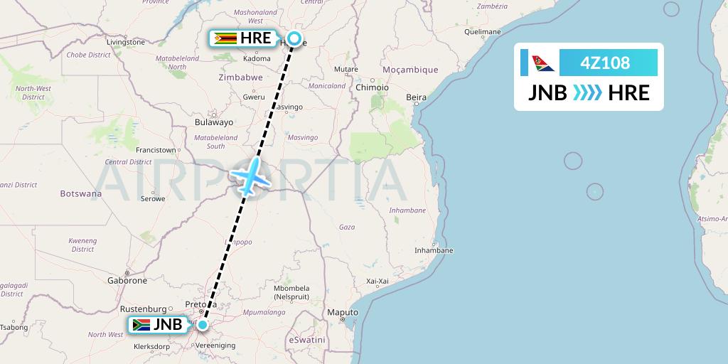 4Z108 Airlink Flight Map: Johannesburg to Harare