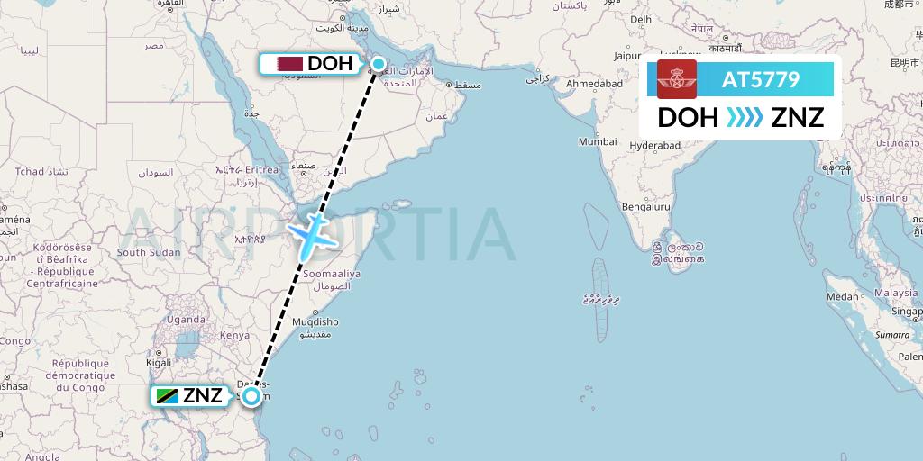 AT5779 Royal Air Maroc Flight Map: Doha to Zanzibar