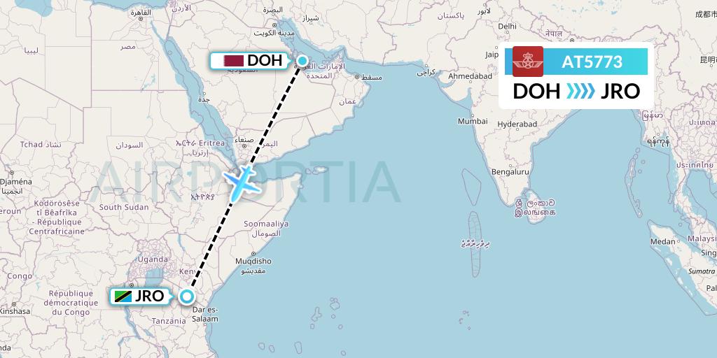 AT5773 Royal Air Maroc Flight Map: Doha to Kilimanjaro