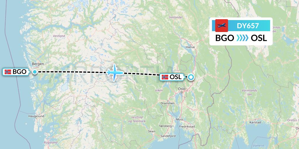 DY657 Norwegian Flight Map: Bergen to Oslo