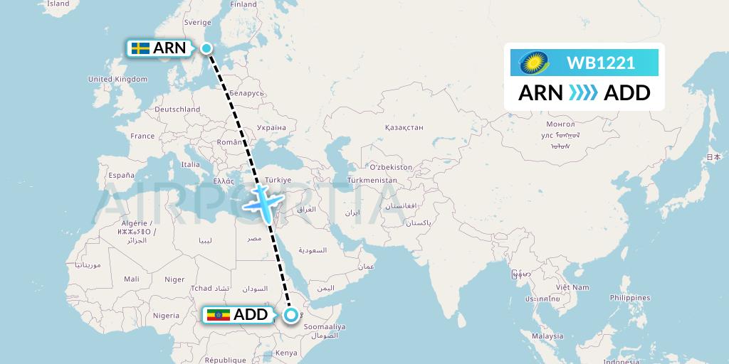 WB1221 RwandAir Flight Map: Stockholm to Addis Ababa
