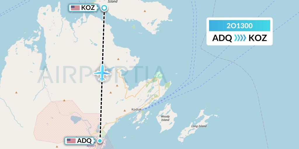 2O1300 Island Air Service Flight Map: Kodiak to Ouzinkie