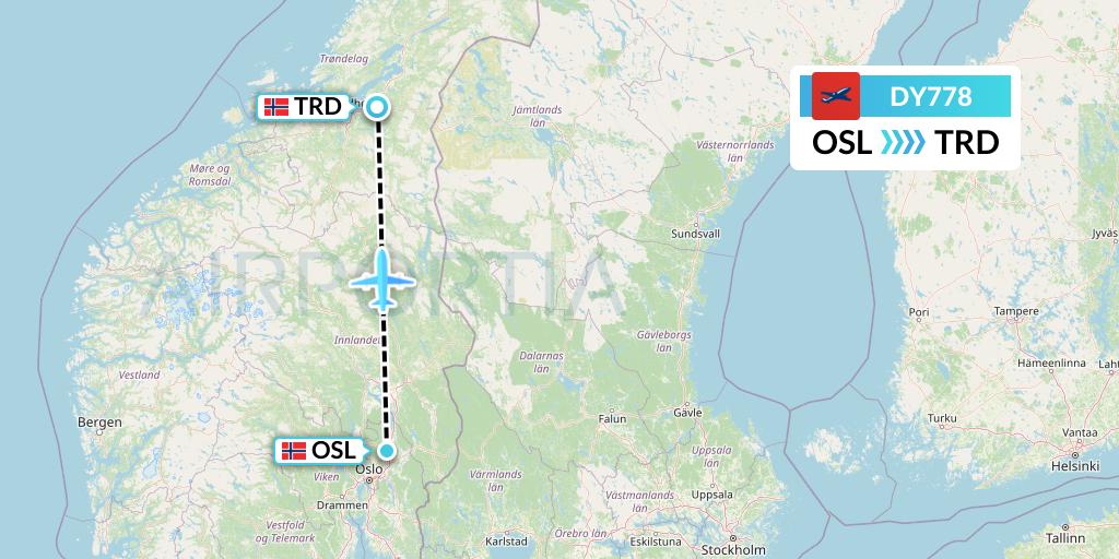 DY778 Norwegian Flight Map: Oslo to Trondheim