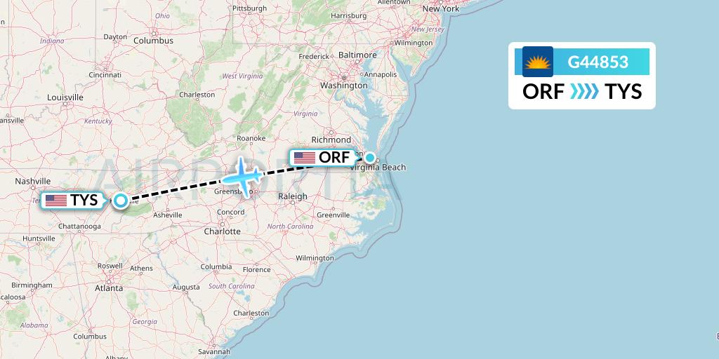 G44853 Allegiant Air Flight Map: Norfolk to Knoxville