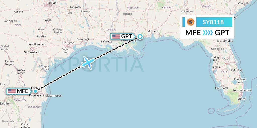 SY8118 Sun Country Airlines Flight Map: McAllen to Gulfport